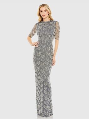 Mac Duggal 93804 Beaded Fringe Quarter Sleeve Column Gown Size 10 NWT Charcoal